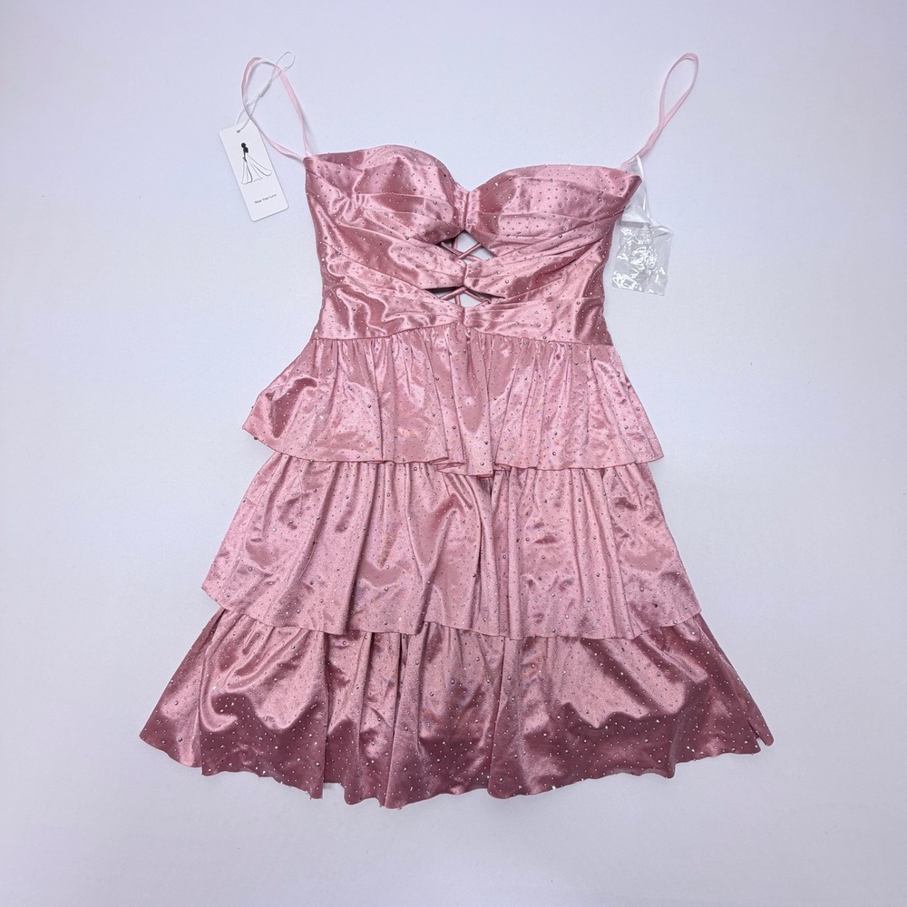 New Wear Your Love Pink Rhinestone Tiered Mini Dress Lace Up Corset Back Party